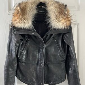 Andrew Marc Black Leather Biker Jacket with Removable Fur Collar